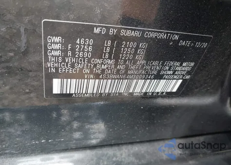 2021 Subaru Legacy Limited z USA, uszkodzony, nr VIN 4S3BWAN64M3009346